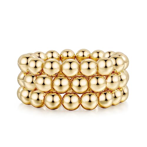 Gold Bangles Bracelet for Women Chunky Curved Stacking Plated Bead Ball Stretchable Bracelets