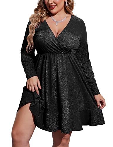 IN'VOLAND Women's Sexy Dress Plus Size Deep V Neck Long Sleeve Ruched Sparkly Club Cocktail Dresses Wine Red
