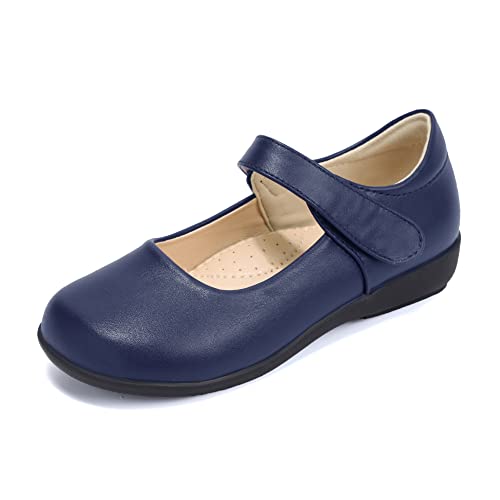 PANDANINJIA Girls Mary Jane School Uniform Shoes Dress Sandy Girls Flats for Toddler Little Kid Big Kid (Black Pu, 5 M US Big Kid)