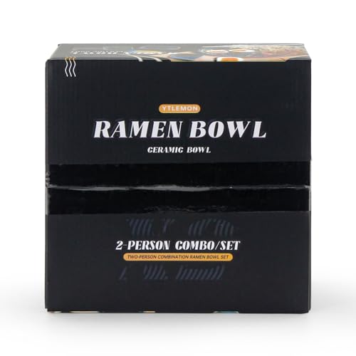 YTLEMON Ramen Bowls Set of Ceramic, 2 Sets of 34 Ounces Large Japanese Serving Bowls with Chopsticks and Spoons Forks for Pho, Dinnerware for New Apartments Suitable as Housewarming Gifts(Black)