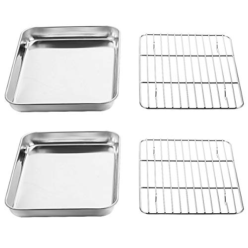 Wildone Baking Sheet with Rack Set [2 Sheets + 2 Racks], Stainless Steel Cookie Pan baking Tray with Cooling Rack, Size 9 x 7 x 1 Inch, Non Toxic & Heavy Duty & Easy Clean