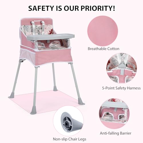 Ezebaby Baby Portable High Chair with Sun Canopy, Foldable High Chairs for Babies and Toddlers with Detachable Tray and 5-Point Harness, Travel High Chair for Indoor and Outdoor Use, Pink