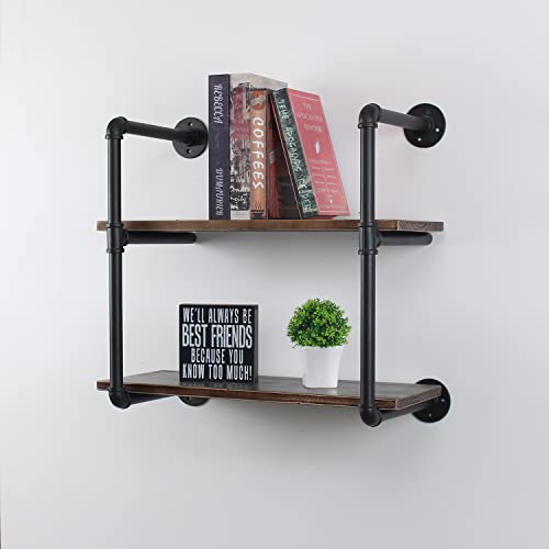 MBQQ Industrial Retro Pipe Shelf 24in 2 Tier Wall Mounted,Rustic Floating Shelves,Farmhouse Kitchen Bar Shelving,Home Decor Book Shelves,DIY Bookshelf Hanging Wall Shelves,Black