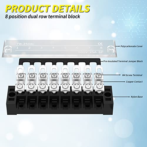 Joinfworld Terminal Block 25A 600V Dual Row Screw Terminal Strip with Cover, 8 Position Pre-Insulated Wire Terminal Block with Jumpers - 4 Pack