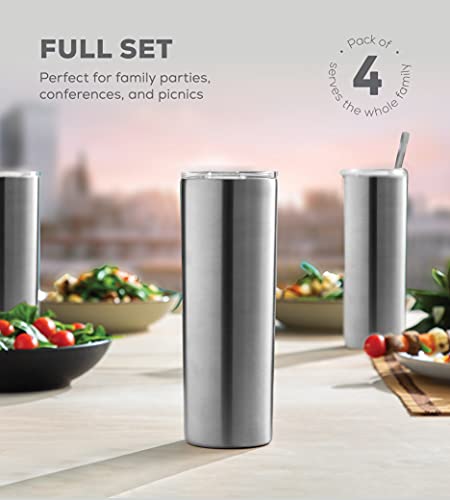 Insulated Skinny Stainless Steel Tumbler Set - 4-Pack 20oz Tumbler with Straw - Travel Coffee Mug With PBA Free Lids - Slim Vacuum Insulated Keep Hot and Cold - Great for Home, Office.
