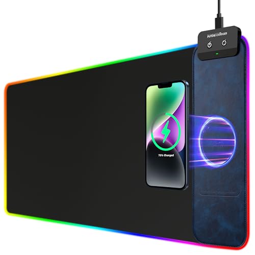 RGB Gaming Mouse Pad with Wireless Charging 10W - 31.5"x11.8" X-Large Desk Mat for Laptop/PC/Keyboard, 9 Light Modes, Non-Slip Rubber Base, Waterproof, Black