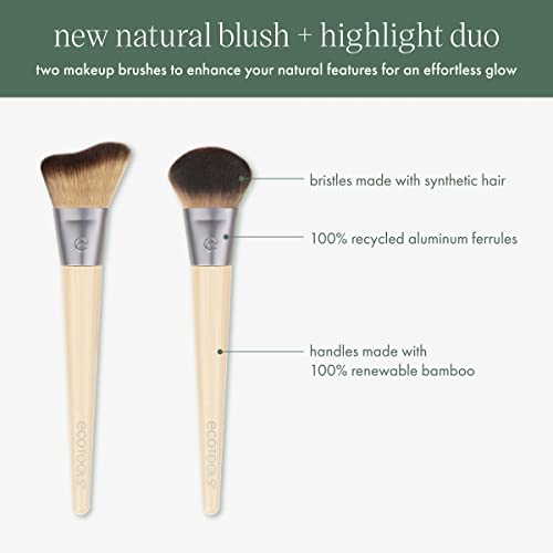 EcoTools Blush + Highlight Brush Duo, Makeup Brushes For Liquid, Cream, & Powder Highlight & Blush, Enhance Natural Skin, Eco-Friendly Makeup Brush Set, Synthetic Bristles, 2 Piece Set