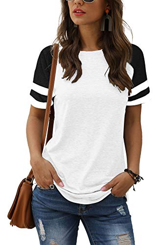 Adibosy Women Summer Casual Shirts: Short Sleeve Striped Tunic Tops - Ladies Loose Crew Neck Tee Tshirt Blouses White L