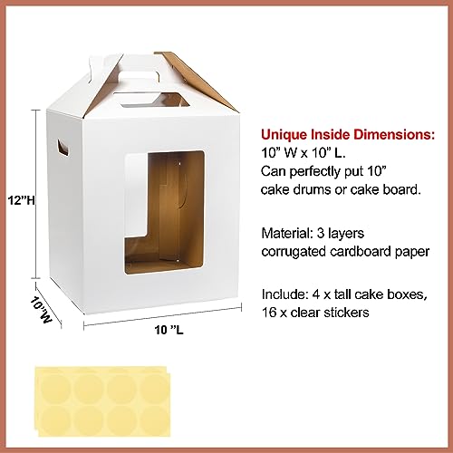 Mcfleet Tall Cake Boxes 4 Pack 10x10x12 for Tier Cakes with Window - 10 Inch Disposable Large Layer Bakery Carrier with Handle - Bakery Safe Transport Box for Wedding, Birthday, Party