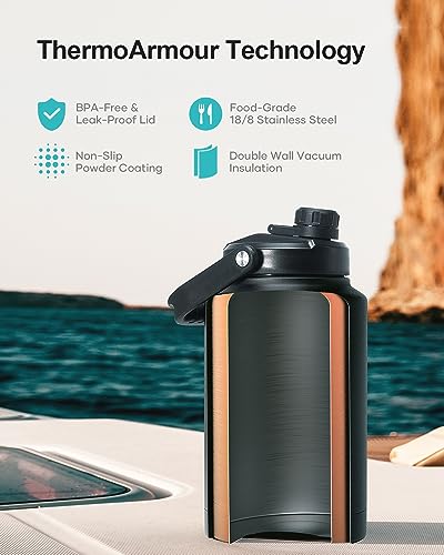 Gallon Water Bottle 128 oz with Straw Lid and Carrying Sleeve, BUZIO Insulated Water Jug 128oz Stainless Steel with Two Beer Cups, Hot Cold Hydro Metal Canteen Water Flask, Double Wall, Black