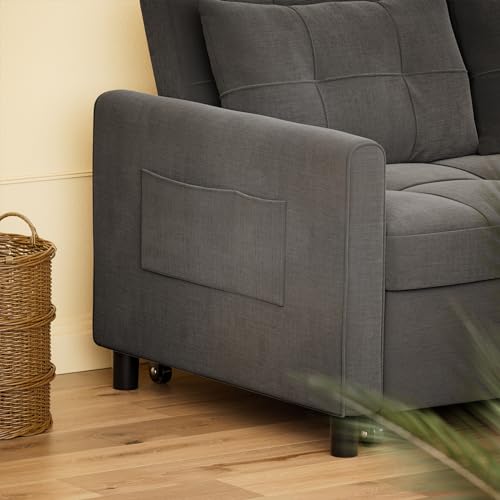 Gizoon 3-in-1 Convertible Sofa Bed, 52" 2-Seater Loveseat Sleeper with Pull Out Couch, Linen Fabric Futon Sofa Bed, Small Sleeper Sofa Cama with Pillows & Pockets for Living Room Apartment, Dark Grey