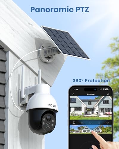 AOSU Solar Security Camera Wireless Outdoor System, 3K/5MP Battery Powered WiFi Camera for Home Security, Panoramic PTZ, Auto Tracking, Human/Vehicle Detection, Night Vision, Spotlights, 2-Way Talk