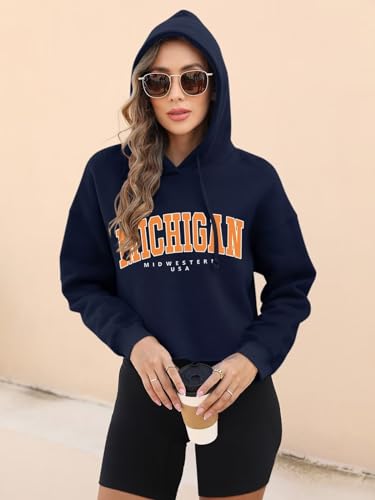 ORANDESIGNE Woman Letter Graphic Print Cropped Hoodie Long Sleeve Crop Fleece Casual Workout Loose Pullover Sweatshirt Tops LOS ANGELES Apricot Medium