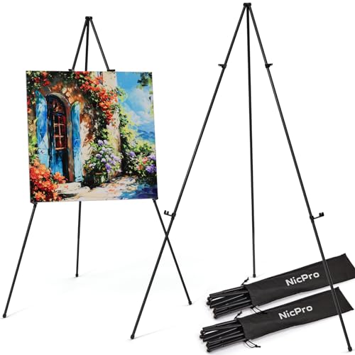 Nicpro Folding Easels for Display, 2 Pack 63 Inch Metal Floor Easel Stand Tripod Black Portable for Artist Poster Wedding with Carry Bag