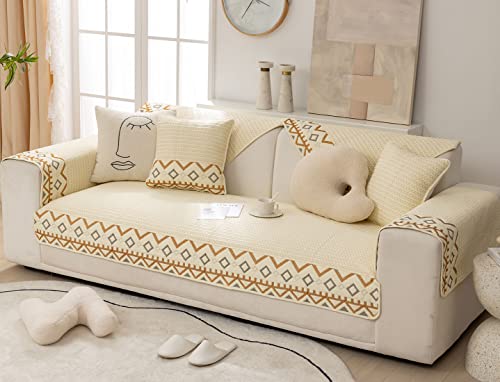 XSlive Farmhouse Embroidery Couch Sofa Cover Geometric Pattern Cotton Quilted Sectional Couch Cover Anti-Slip Soft Furniture Protector Sofa Slipcover for Living Room (Ivory,36"x94")
