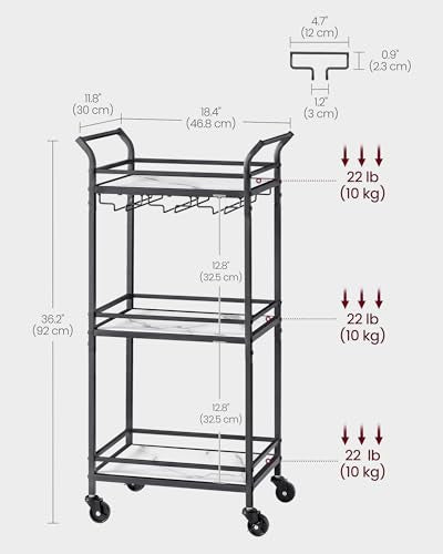 VASAGLE Bar Cart, Home Bar Serving Cart, Small Bar Cart with 3-Tier Shelf, Wine Holders, Glass Holders, Mini Bar Cart for Small Spaces, Kitchen, Dining Room, Living Room, Ink Black