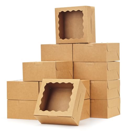 Moretoes 15pcs Cookie Boxes with Window, 6x6x3in Bakery Boxes, Kraft Paper Treat Boxes Small Cake Box for Dessert Pie Donuts Pastry, Brown