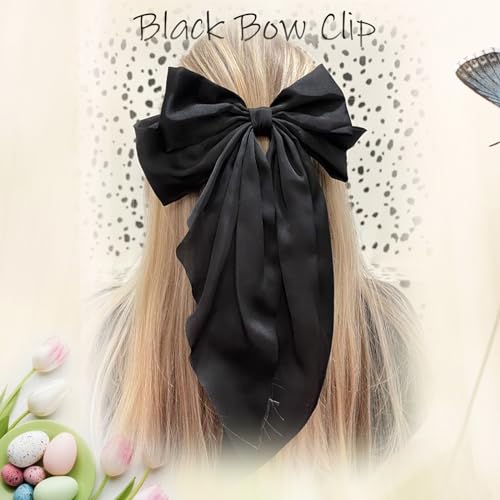 Wdnew 3Pcs Large Satin Hair Bows for Women - Bow Clips, Hair Barrettes and Accessories (3 count, Black Pink White)