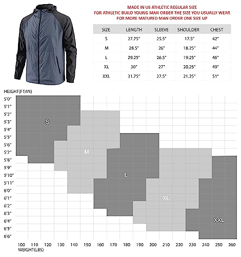 HETHCODE Men's Ultra Lightweight Full Zip Waterproof Hiking Track Anorak Hoodie Coat Windbreaker Jackets V.Blue/C.Gray S