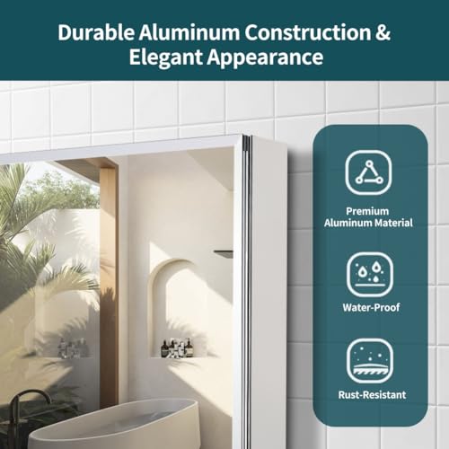 Double Doors Medicine Cabinet with Mirror, 30 inch X 26 inch Aluminum Bathroom Medicine Cabinet, Adjustable Glass Shelves, Waterproof and Rust-Resist, Recess or Surface Mount Installation,Silver