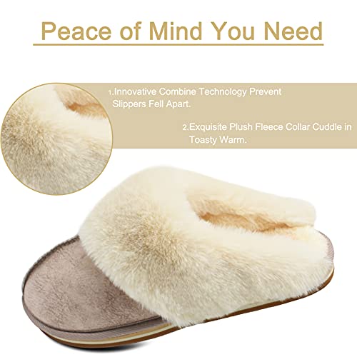 KuaiLu Womens Slippers, Fluff Dual Memory Foam Slippers Ladies Cozy Arch Support Warm Scuff Slippers Slip on Comfy Winter House Shoes with Non-Slip Indoor Outdoor Hard Sole New-Beige 6