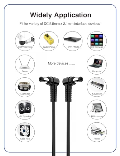 VOLTKARE 【10 Nail-in Cable Clips】 DC Power Extension Cable, 3.28FT 1M, 5.5mm x 2.1mm, 90 Degree Right Angle Ends, Male to Male, for Security Cameras，LED Lights, Guitar Effect Pedal（2Pack）