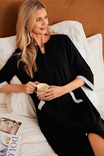 Ekouaer Women Zipper Robe 3/4 Sleeves Loungewear Dress Full Length Sleepwear Pockets Housecoat Nightgown Long Bathrobe