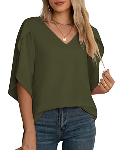 Jouica Womens Blouses Summer Elegant Chiffon Light Blouse 3/4 Sleeve Blouses Loose Casual Shirt for Women,Flower Navy Blue2,Small