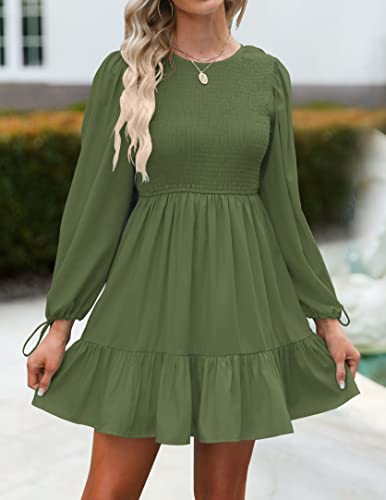 ZESICA Women's Long Sleeve Smocked Dress 2024 Fall Casual Crew Neck Tiered Swing Cocktail Wedding Party Mini Dresses,Black,Large