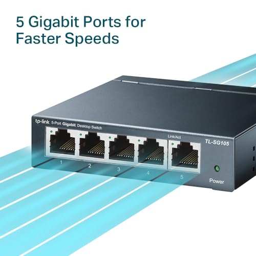 TP-Link TL-SG105, 5 Port Gigabit Unmanaged Ethernet Switch, Network Hub, Ethernet Splitter, Plug & Play, Fanless Metal Design, Shielded Ports, Traffic Optimization