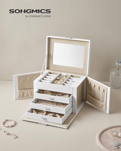 SONGMICS 4-Tier Jewelry Box, Lockable Jewelry Organizer with Handle, 3 Drawers, Travel Jewelry Case with Mirror, Jewelry Storage, Modern Style, Gift for Loved Ones, White UJBC159W01