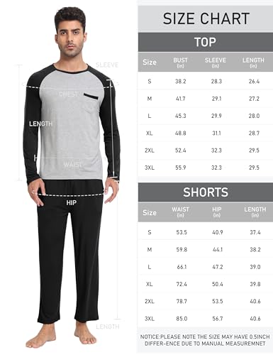 MoFiz Men's Pajama Set Long Sleeve Crew Neck Shirts Bottom Pants Modal Soft & Comfortable Sleeping Well Made Light Weight Jammies Suit (B-Black,M)