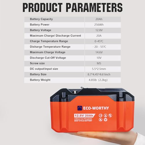 ECO-WORTHY Portable 12V Lithium Battery, 20Ah LiFePO4 Deep Cycle Rechargeable Battery, Built-in BMS, 4000+ Cycles,Perfect for Outdoor Camping Fishing RV Marine Trolling Motor Fishfinder