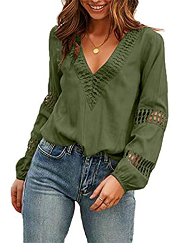 Viracy Womens Fall Tops, Girls Puff Long Sleeve Deep V Neck Blouse Sexy Lace Hallow Out Easy Fit Trendy Classic Shirt A-Line Design Clothes to Wear with Leggings Army Green Small
