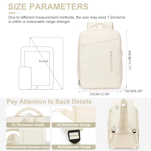 Large Laptop Travel Backpack for Women, Carry On Backpack Airline Approved, Hiking College Bag with USB Charging Port,Gym Work Daypack Backpack for Weekender,Beige