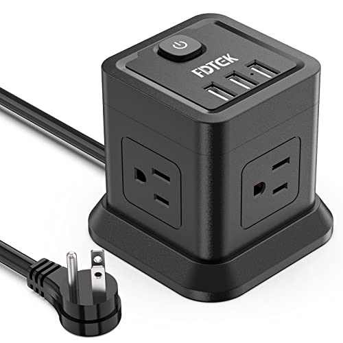 Power Strip with USB, FDTEK Flat Plug Extension Cord with 4 AC and 3 USB, 5 FT Power Cord Desktop Charging Station, Overload Protection, Compact Portable for Travel Home Office Cruise Ship - Black