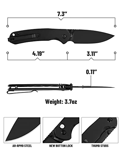 CJRB Folding Knife Pyrite (J1925) AR-RPM9 Blade and Black PVD Stainless Steel Handle Button Lock EDC Pocket Knife with Clip