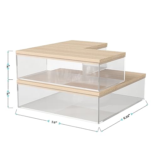 Martha Stewart Brody Plastic Storage Organizer Bins with Paulownia Wood Lids for Home Office,-Kitchen, or-Bathroom, 3 Pack 1-Small/1-Medium/1-Large, Clear/Lt Natural