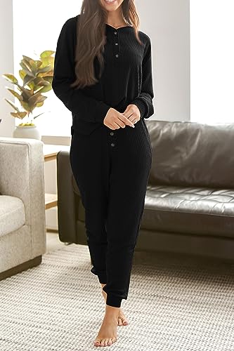 PRETTYGARDEN Women's 2 Piece Waffle Knit Lounge Outfit Long Sleeve Henley Top and Sweatpants Set Tracksuit (Black,Small)