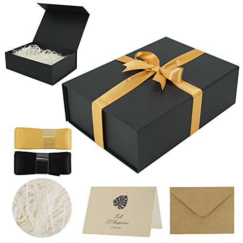 HUIHUANG Black Gift Box with Lid, Large Gift Box Magnetic Closure Present Box Man Male Boy Birthday Graduation Boxes for Gift Packaging with Ribbon, Card,Shredded Paper Filler, 11x7.8x3.5 Inch-1 Pack