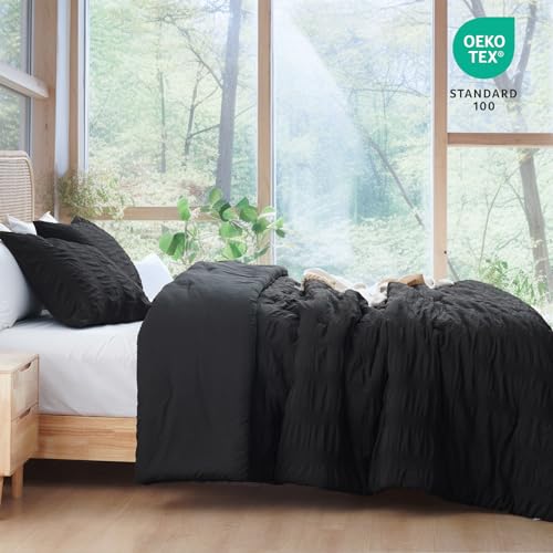 PHF Soft Seersucker Comforter Set Queen Size, 3 Pieces Lightweight Black Bedding Set for All Season, Breathable Comforter Sets with 1 Comforter and 2 Pillowcases