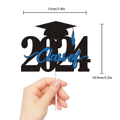 Class of 2024 Graduation Cake Topper Black Blue Glitter Congrats Grad Cake Decorations Congratulations Grad 2024 Party Supplies (Blue)