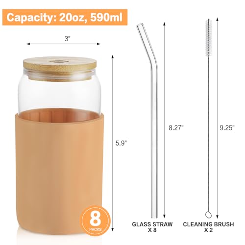 HOMBERKING Glass Cups with Bamboo Lids and Straws 8pcs Set, 20oz Can Shaped Cute Tumbler Cup with Cleaning Brushes, Beer Glasses, Iced Coffee Cups with Silicone Protective Sleeve BPA Free, Amber