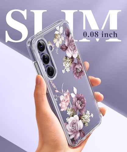GVIEWIN for Samsung Galaxy S24 Case Floral, with Screen Protector & Camera Lens Protector, Hard PC&TPU Bumper Clear Shockproof Protective Women Phone Cover 6.2" (Cherry Blossoms/Purple)