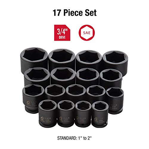 SUNEX TOOLS 4683, 3/4 Inch Drive Heavy Duty Impact Socket Set, 17-Piece, SAE, 1"-2", Cr-Mo Alloy Steel, Radius Corner Design, Dual Size Markings, Heavy Duty Storage Case