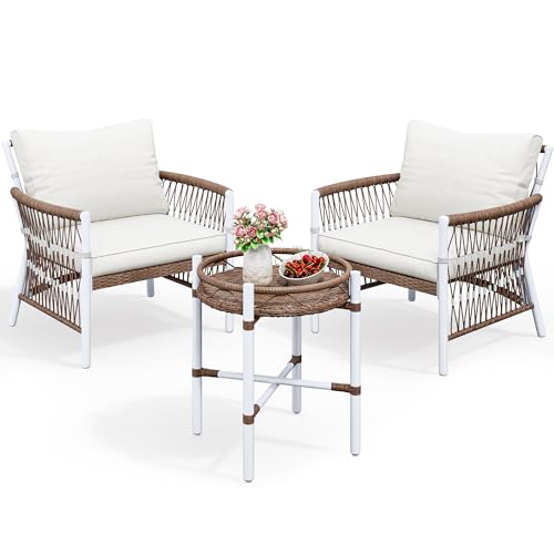YITAHOME 3-Piece Outdoor Patio Furniture Wicker Bistro Set, All-Weather Rattan Conversation Chairs for Backyard, Balcony and Deck with Soft Cushions, Beige