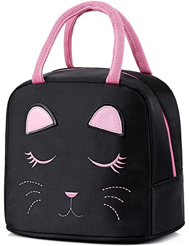 FEWOFJ Portable Insulated Lunch Bag for Kids Girls Cute Reusable Lunch Box for School Picnic Leakproof Lunch Tote Handbag(Black)