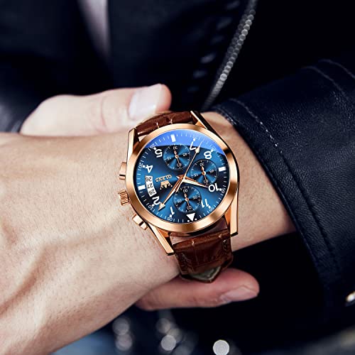 OLEVS Men's Watches Auto Date Multi-Function Rose Gold Quartz Watch for Men Blue Face Brown Leather Strap Casual Mens Chronograph Watches Water Resistant Easy Read Aviator Men's Cuff Watch for Father