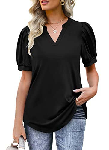 Womens Floral Tops Summer Short Puff Sleeve Shirts Flowy Tunic for Women V Neck Black S