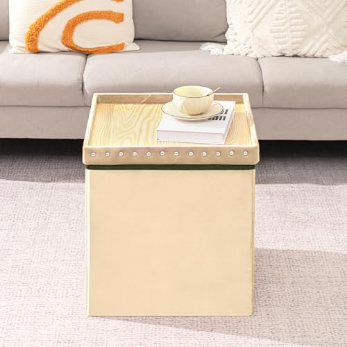 PINPLUS Beige Folding Storage Ottoman Cube, 16inch Velvet Tuffed Storage Ottoman, Foldable Foot Rest Stool with Rivet Tray, Shoes Box Toy Chest and Seat for Living Room, Bedroom